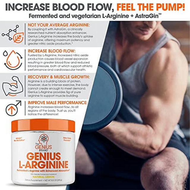 Genius L Arginine Powder - Fermented L-Arginine Nitric Oxide Supplement, Natural Muscle Builder & NO Booster for Healthy Blood Pressure, Protein Synthesis and Strength Building, Lemon, 30 Sv