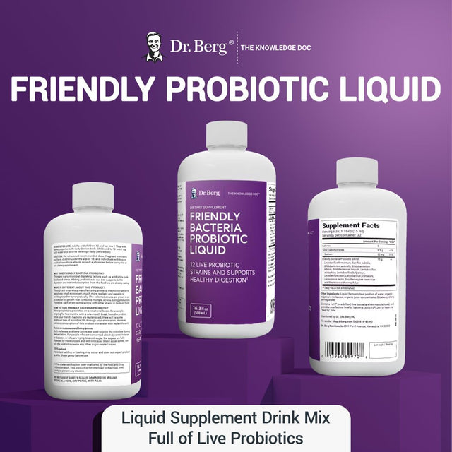 Dr. Berg'S Friendly Bacteria Probiotic Liquid - Drink Mix W/ 12 Live Probiotic Strains - Men Women & Kids - 16.3 Fl Oz