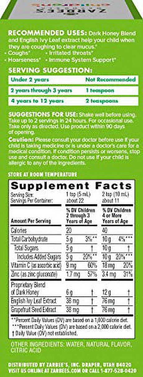 Zarbee'S Children'S Cough Syrup + Mucus with Dark Honey, Vitamin C, Zinc & Ivy Leaf Extract, Drug & Alcohol-Free, Grape Flavor, 4Fl Oz