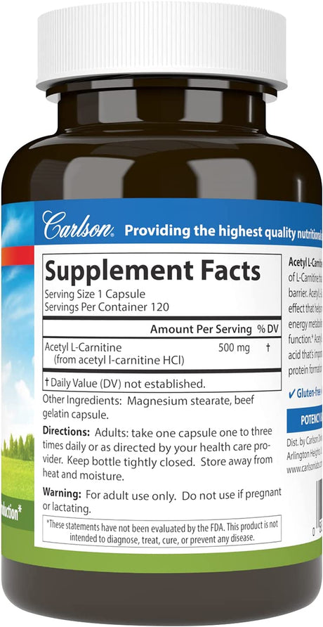 Carlson - Acetyl L-Carnitine, 500 Mg, Cognitive Health, Brain Function & Energy Production, 120 Capsules