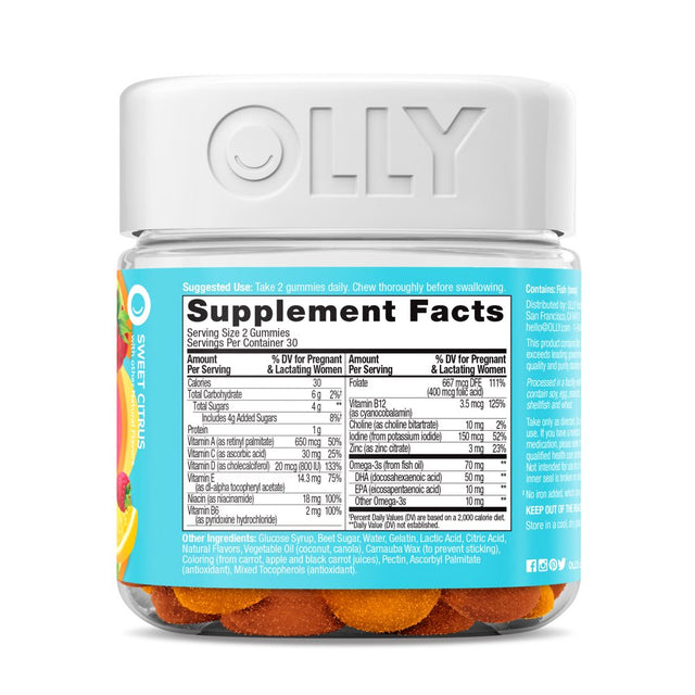 OLLY Prenatal Multivitamin Gummy for Women, Folic Acid, Vitamin D, Omega 3 DHA, 60 Ct