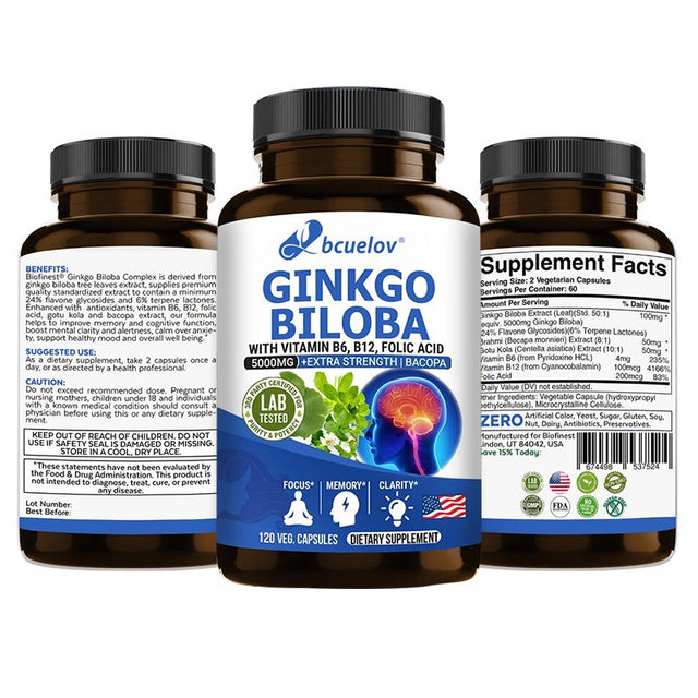 Ginkgo Biloba Supplement - with Vitamins B6 B12 - Standardized Extract 24% Ginkgo Flavonoid Glucosides 6% Terpene Lactones - Brain Memory Mental Clarity Alertness Energy Mood-60Capsules