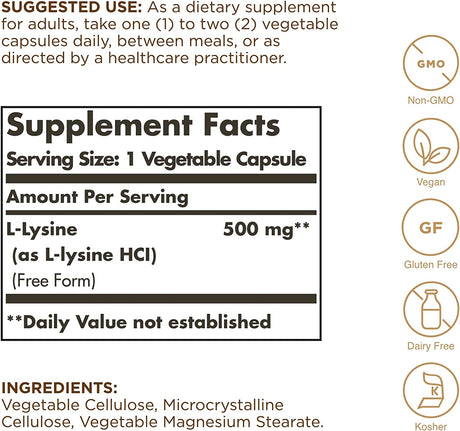 Solgar L-Lysine 500 Mg - 100 Vegetable Capsules - Skin & Collagen Support - Non-Gmo, Vegan, Gluten Free - 100 Servings