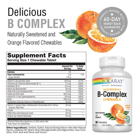 Solaray Vitamin B-Complex 250Mg Natural Orange Flavor | Healthy Hair, Skin, Immune Function & Metabolism Support | Lab Verified | 50 Chewables