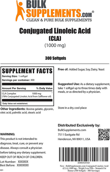 BULKSUPPLEMENTS.COM Conjugated Linoleic Acid Softgels - CLA Supplements, CLA 2000Mg, CLA Safflower Capsules, CLA Pills - 2 CLA Softgels per Serving, 150-Day Supply, 300 Softgels