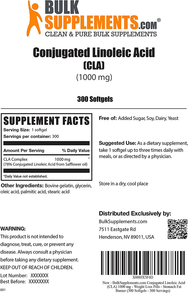 BULKSUPPLEMENTS.COM Conjugated Linoleic Acid Softgels - CLA Supplements, CLA 2000Mg, CLA Safflower Capsules, CLA Pills - 2 CLA Softgels per Serving, 150-Day Supply, 300 Softgels