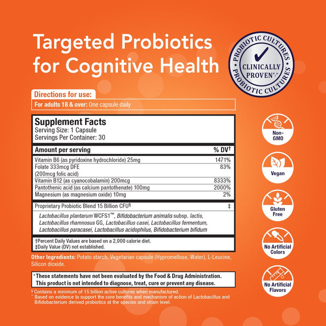 Bio360 Probiotics Cognitive Support Formula, Daily Probiotic for Brain Health & Mental Energy, 30 Ct