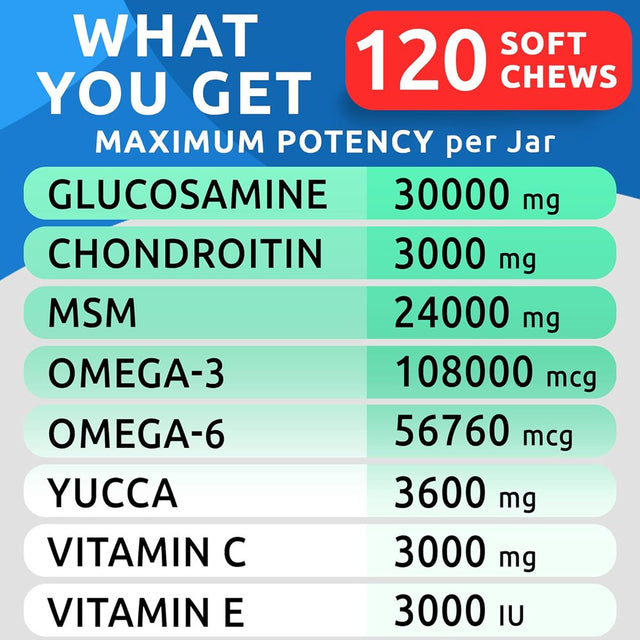 Glucosamine Chondroitin Dog Hip & Joint Supplement - Joint Pain Relief - Hip & Joint Chews for Dogs - Joint Support Large Breed - Senior Doggie Vitamin Pills Joint Health - (120 Treats - Bacon)