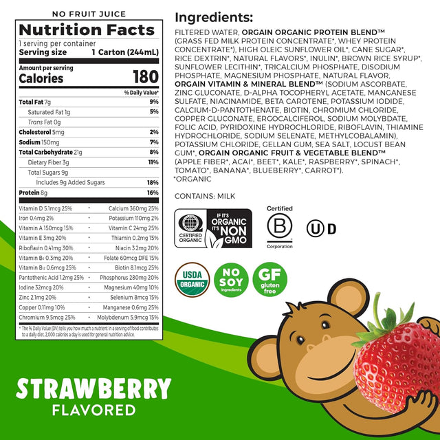 Orgain Organic Kids Nutritional Protein Shake, Strawberry - Kids Snacks with 8G Dairy Protein, 22 Vitamins & Minerals, Fruits & Vegetables, Gluten Free, Soy Free, Non GMO, 8.25 Fl Oz (Pack of 12)