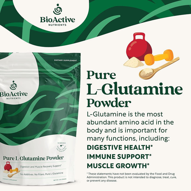 BIOACTIVE NUTRIENTS Pure L-Glutamine Powder Supplement - Optimum Gut Health and Muscle Recovery Support - Nutrition Supplements Powder - Gluten-Free - 454 G / 90 Servings