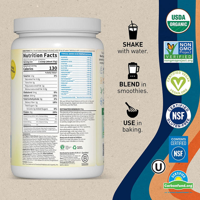 Organic Vegan Vanilla Protein Powder - Garden of Life – 22G Complete Plant Based Raw Protein & Bcaas plus Probiotics & Digestive Enzymes for Easy Digestion – Non-Gmo, Gluten-Free, Lactose Free 1.5 LB