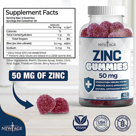 Zinc Gummies - 2 Pack - 50Mg High Immune Booster Zinc Supplement, Immune Defense, Powerful Natural Antioxidant, Non-Gmo - by New Age (60 Count (Pack of 1))