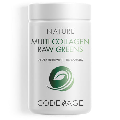 Codeage Multi Collagen Raw Greens, 5 Types Collagen Peptides Capsules, Organic Fruits & Vegetables, 180 Ct