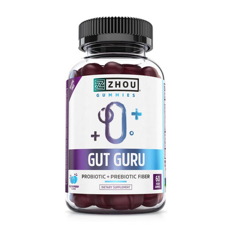 Zhou Nutrition Gut Guru Prebiotic and Probiotic Health Supplement Gummies Vegan, 60 Count
