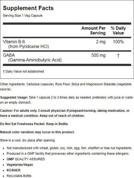 NOW Supplements, GABA (Gamma-Aminobutyric Acid) 500 Mg + B-6, Natural Neurotransmitter*, 200 Veg Capsules