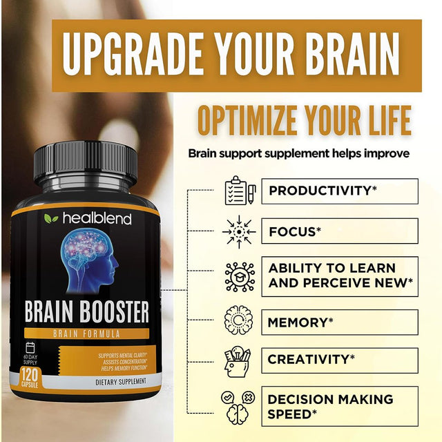 Healblend Brain Booster Supplement - Supports Mental Clarity, Concentration & Memory Function with Ginkgo Biloba, DMAE, Vitamin B12, Rhodiola, Alpha GPC - 120 Capsules 3-Pack