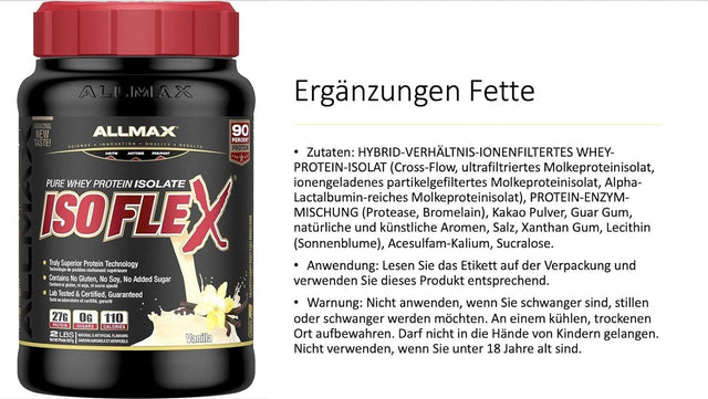 ALLMAX ISOFLEX Whey Protein Isolate, Vanilla - 2 Lb - 27 Grams of Protein per Scoop - Zero Fat & Sugar - 99% Lactose Free - Gluten Free & Soy Free - Approx. 30 Servings