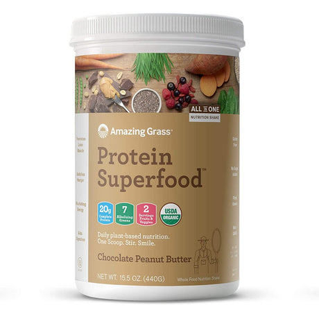 Amazing Grass Protein Superfood: Organic Vegan Protein Powder, Plant Based Meal Replacement Shake with 2 Servings of Fruits and Veggies, Chocolate Peanut Butter Flavor, 10 Servings, 15.5 Ounce