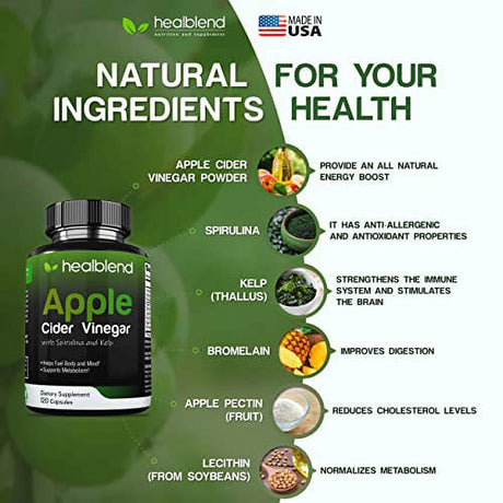 Healblend Apple Cider Vinegar with Spirulina and Kelp – Metabolism, Detox and Immune Support Formula - 120 Capsules 3-Pack