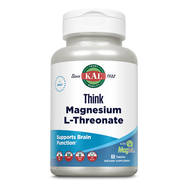 KAL Think Magnesium L-Threonate 2000 Mg | Learning, Brain Health & Memory Function Support W/ Magtein | Vegan, No Gluten & Non-Gmo | 60 Tablets