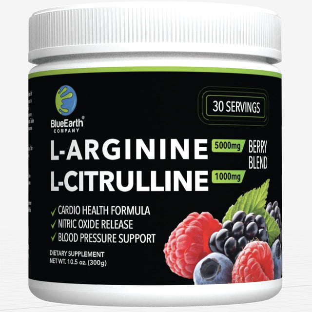 L-Arginine 5000Mg + L-Citrulline 1000Mg Complex Powder Supplement - Nitric Oxide Booster - Blood Pressure Support - Berry Flavored - 300G - Blueearth Company