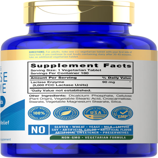 Fast Acting Lactase Enzyme Pills | 9000 FCC | 180 Tablets | Dairy Relief Supplement | by Carlyle