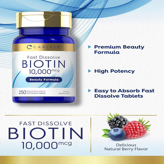 Biotin 10000 Mcg | 250 Tablets | Vegetarian, Non-Gmo, Gluten Free | by Carlyle