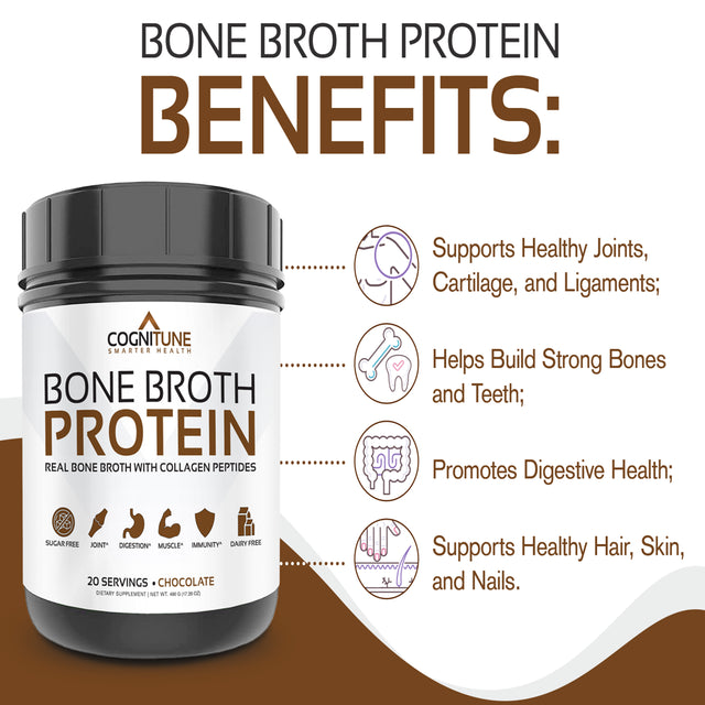 Bone Broth Protein Powder Chocolate - Grass Fed Collagen Peptides - No Sugar, Paleo & Keto Friendly -Dairy Free, Gluten Free - 20G Protein, 20 Servings