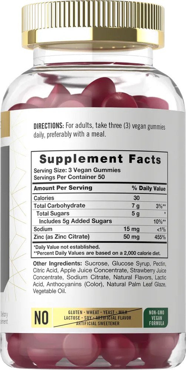 Zinc 50Mg | 150 Vegan Gummies | Zinc Citrate | by Carlyle