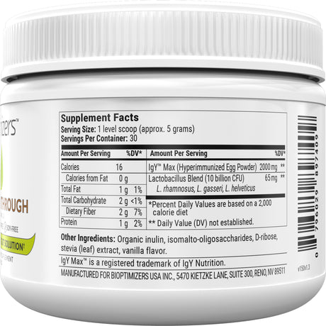 Biome Breakthrough by Bioptimizers: Leaky Gut Repair Powder, Vanilla, 150G