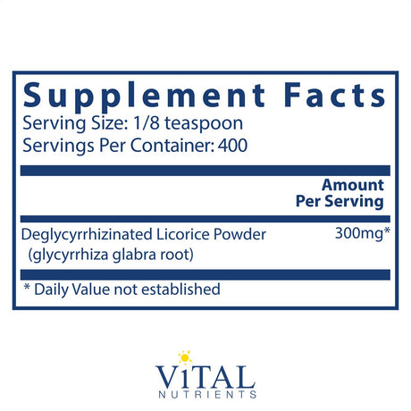 Vital Nutrients - DGL Powder - DGL Licorice Root Supplement - Licorice Extract to Support Healthy Stomach Lining and Digestive Tract - Gluten Free - Vegetarian - 120 Grams per Bottle