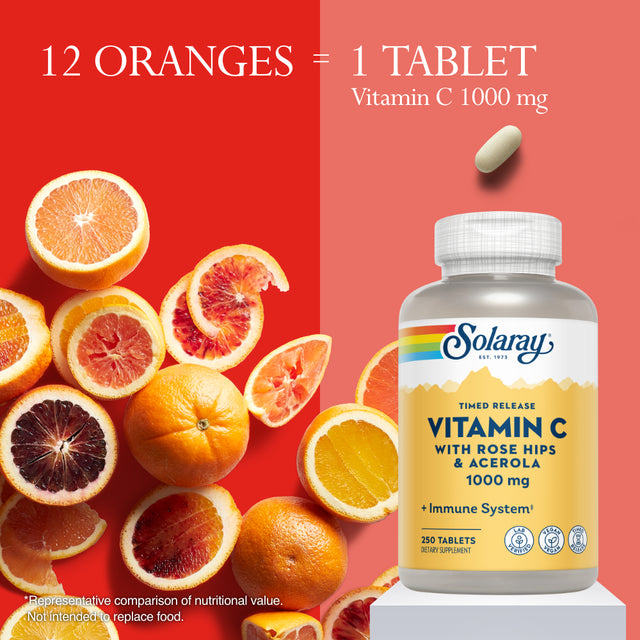 Solaray Vitamin C W/ Rose Hips & Acerola, 1000Mg, Two-Stage Timed-Release Healthy Immune Function (250 Tabs) (50 Servings, 250 Tablets)