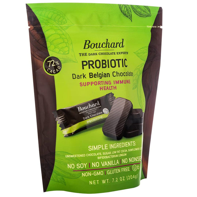 Bouchard Probiotic Belgian Dark Chocolate 72% Cacao, Individually Wrapped Napolitains, 7.2 OZ Bag