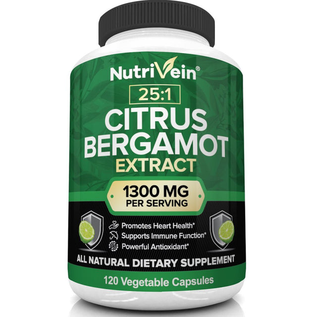 Nutrivein Citrus Bergamot 25:1 Bergamia Extract 1300 Mg - 60 Day Supply (120 Capsules, Two Daily)