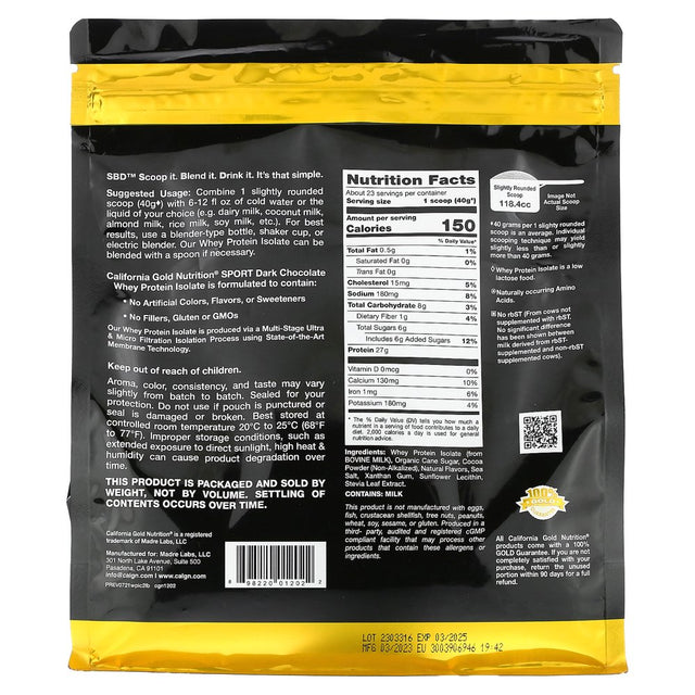 California Gold Nutrition SPORT - Dark Chocolate Whey Protein Isolate, 2 Lbs (907 G)