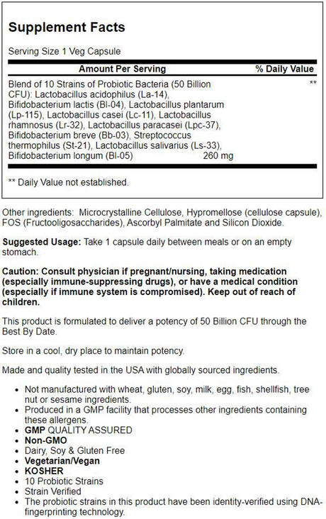 NOW Supplements, Probiotic-10™, 50 Billion, with 10 Probiotic Strains, Strain Verified, 50 Veg Capsules