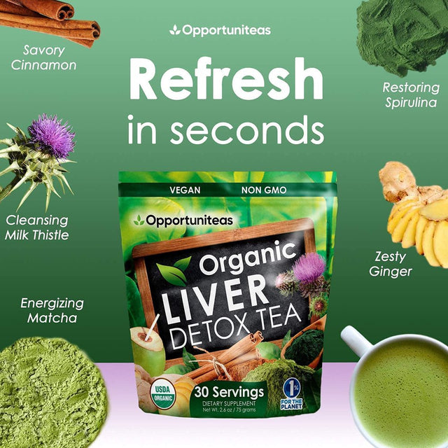 Opportuniteas Liver Detox Tea Matcha Green Tea, Milk Thistle, Spirulina Organic Vegan Superfood Powder 30 Servings