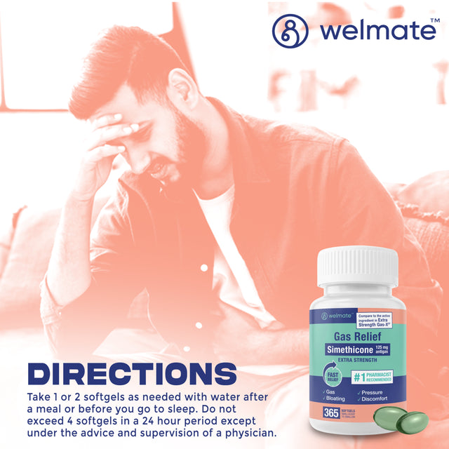 Welmate Simethicone 125 Mg - Extra Strength Gas Relief - IBS & Bloating Support - 365 Count Softgels