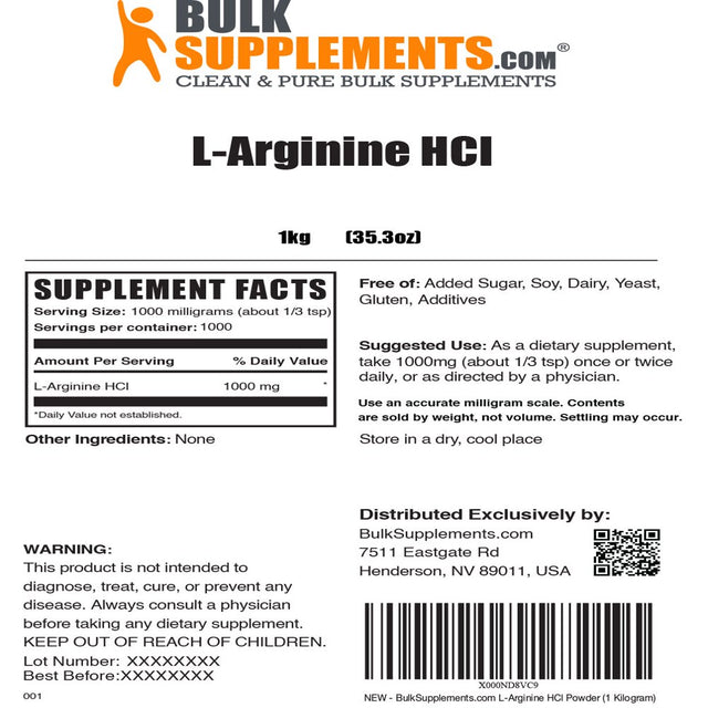 Bulksupplements.Com L-Arginine Hcl Powder - Nitric Oxide Supplement - Amino Acid Powder - AKG Supplement - Arginine Powder (1 Kilogram - 2.2 Lbs)