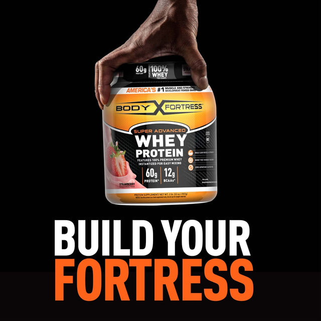 Body Fortress Whey Protein Powder, Strawberry Flavored, Gluten Free, 60 G Protein per Serving, 2 Lbs