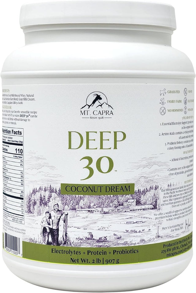 MT. CAPRA since 1928 DEEP-30 | Meal Replacement Shake, Goat Protein Powder with Grass Fed Whey Protein and Casein Protein, Minerals and BC-30 Probiotics, Coconut Dream Flavor - 2 Lbs