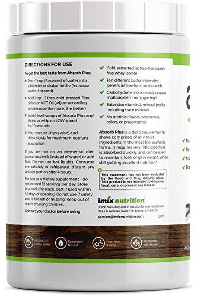 Absorb plus Isolate Protein - Diet Supplement for Improved Gut Health, Extra Nutritional Support, All Natural Ingredients, Non-Gmo, Gluten-Free, Lactose-Free, Casein-Free, Unsweetened Vanilla, 1Kg