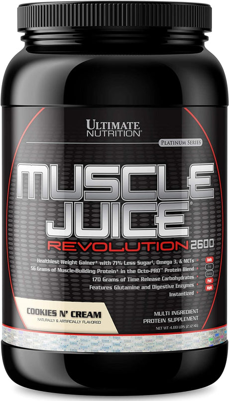 Ultimate Nutrition Muscle Juice Revolution Weight and Lean Muscle Mass Gainer Protein Powder with Glutamine, Micellar Casein and Time Release Complex Carbohydrates, Cookies N Cream, 4.69 Pounds