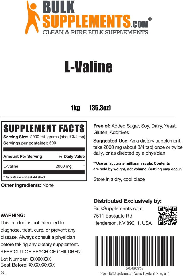 BULKSUPPLEMENTS.COM L-Valine Powder - Valine Supplement, Bcaas Amino Acids Powder - Essential Amino Acids Supplement, Energy Support, Unflavored & Gluten Free - 2000Mg, 1Kg (2.2 Lbs)