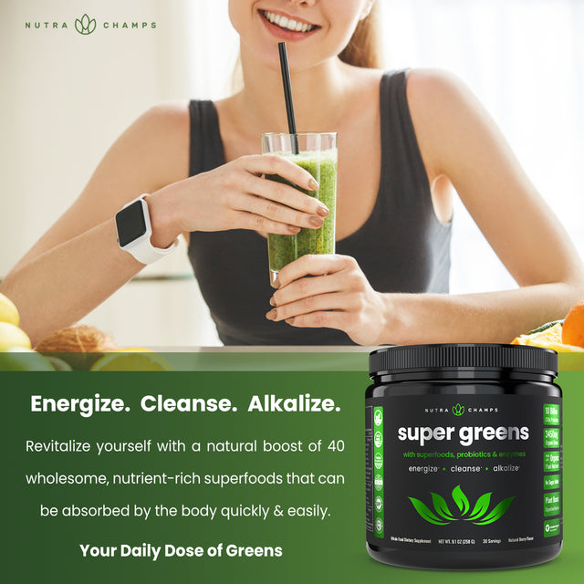 Nutrachamps Super Greens Powder Premium Vegan Superfood | 20+ Organic Green Veggie Whole Foods | Wheat Grass, Spirulina, Chlorella & More | Antioxidant, Digestive Enzyme & Probiotic Blends