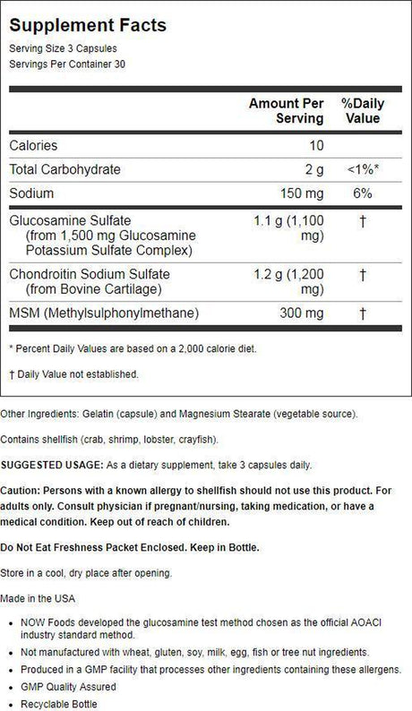 NOW Supplements, Glucosamine & Chondroitin with MSM, Joint Health, Mobility and Comfort*, 90 Veg Capsules