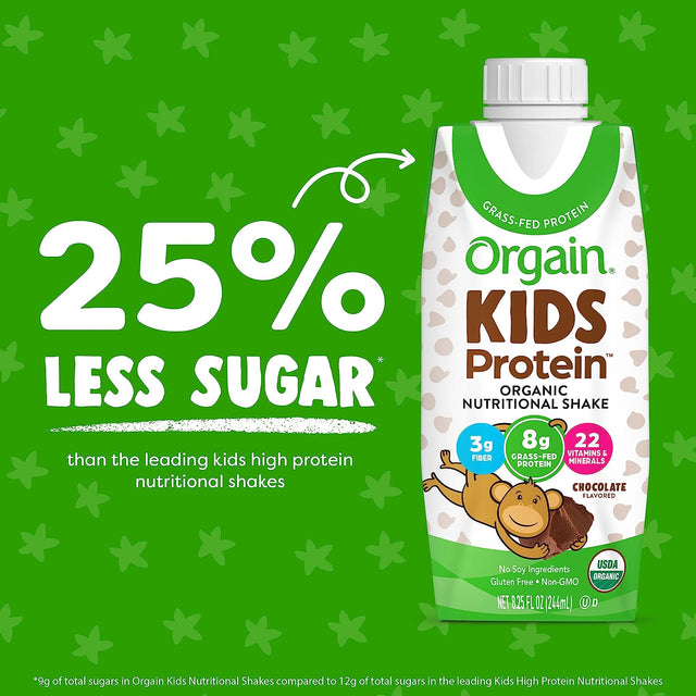 Orgain Organic Kids Nutritional Protein Shake, Chocolate - Kids Snacks with 8G Dairy Protein, 22 Vitamins & Minerals, Fruits & Vegetables, Gluten Free, Soy Free, Non-Gmo, 8.25 Fl Oz (Pack of 12)