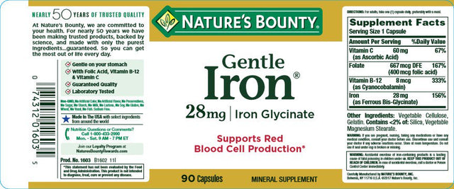 Nature'S Bounty Gentle Iron Glycinate 28 Mg Capsules, Supports Red Blood Cells, 90 Ct