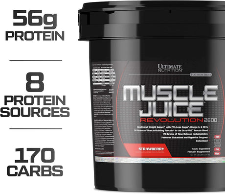 Ultimate Nutrition Muscle Juice Revolution 2600, Lean Muscle Mass Gainer Protein Powder with Glutamine, Whey Protein Isolate for Weight Gain, Time Release Carbohydrates, 11.1 Pounds, Strawberry