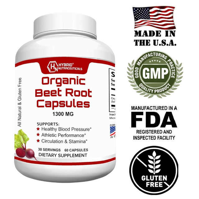 Hybrid Nutraceuticals Organic Beet Root Capsules 1300Mg - Natural Nitric Oxide Supplement Booster, Supports Blood Pressure, Circulation, Heart Health, Athletic Performance - 60 Capsules